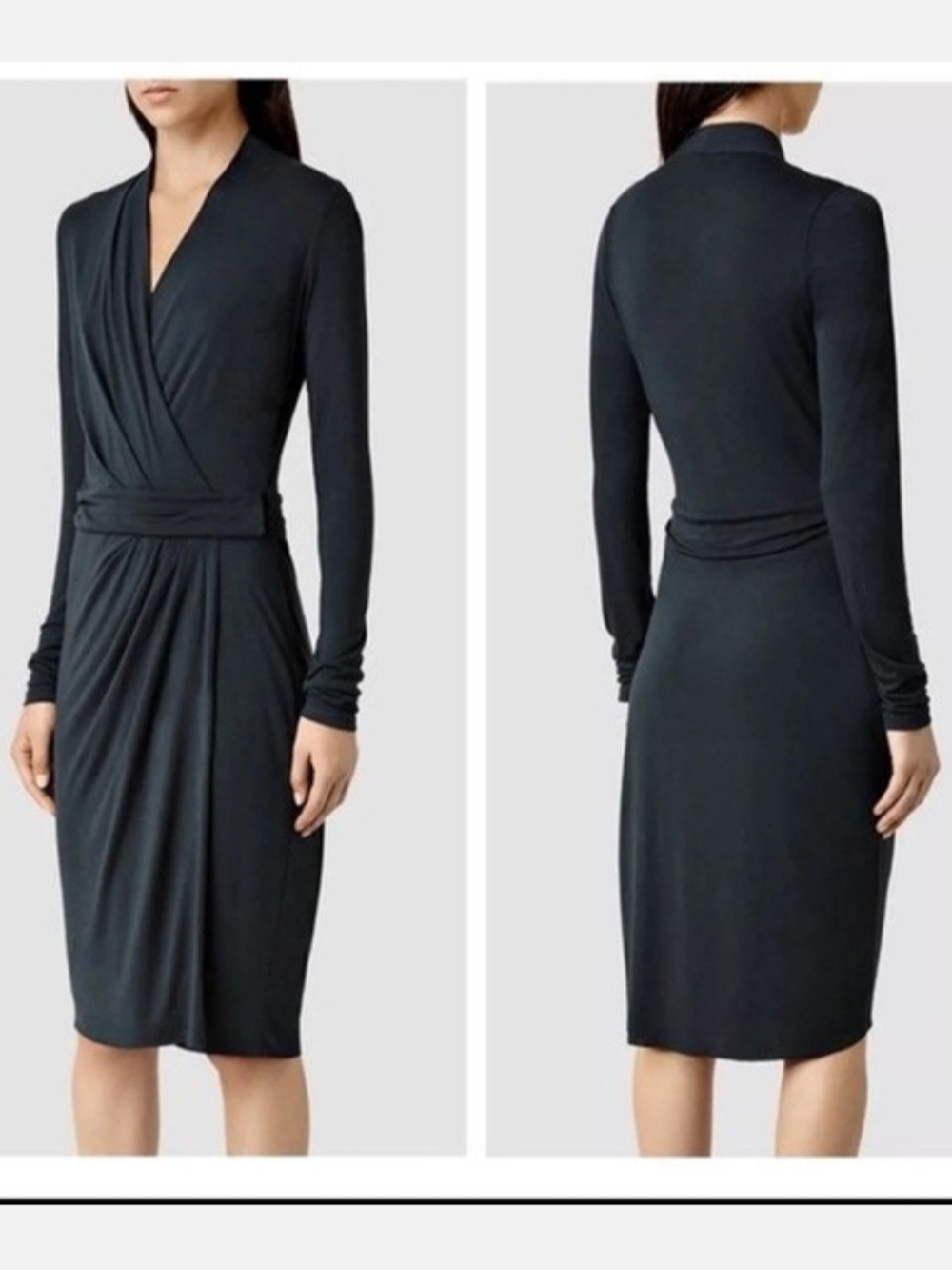 All Saints Black Long-Sleeve Faux-Wrap Knee-Length Dress